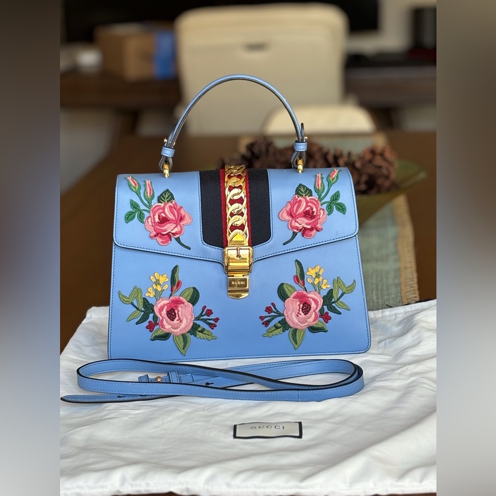 Gucci Sylvie Blue Floral Embroidered bag